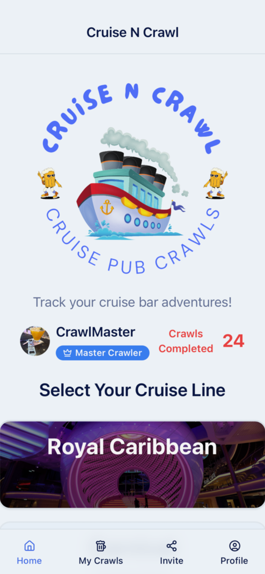 CruiseNCrawl app home screen